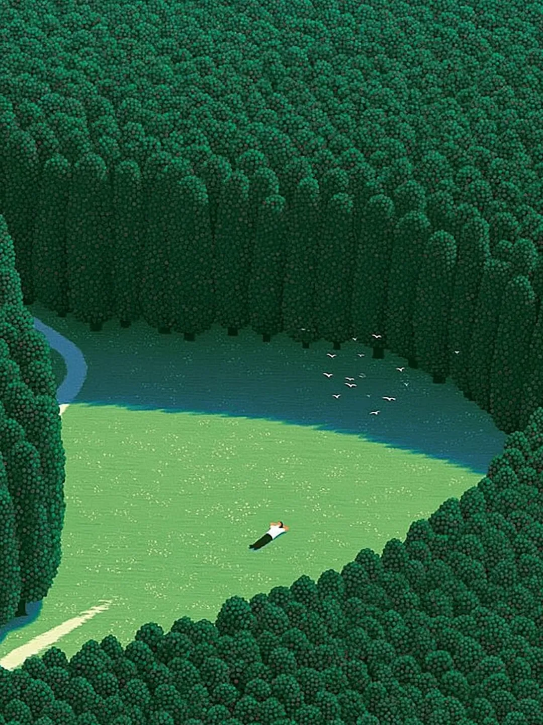 Moonkelp mood scene: a person lying alone in a forest clearing by a river