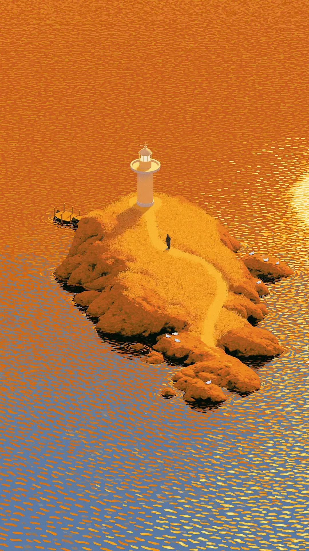 Moonkelp mood scene: a lighthouse island in golden light