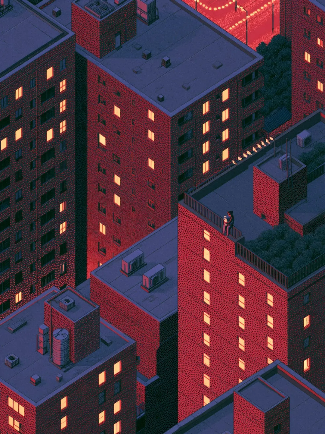 Moonkelp mood scene: a night city seen from above, windows lit