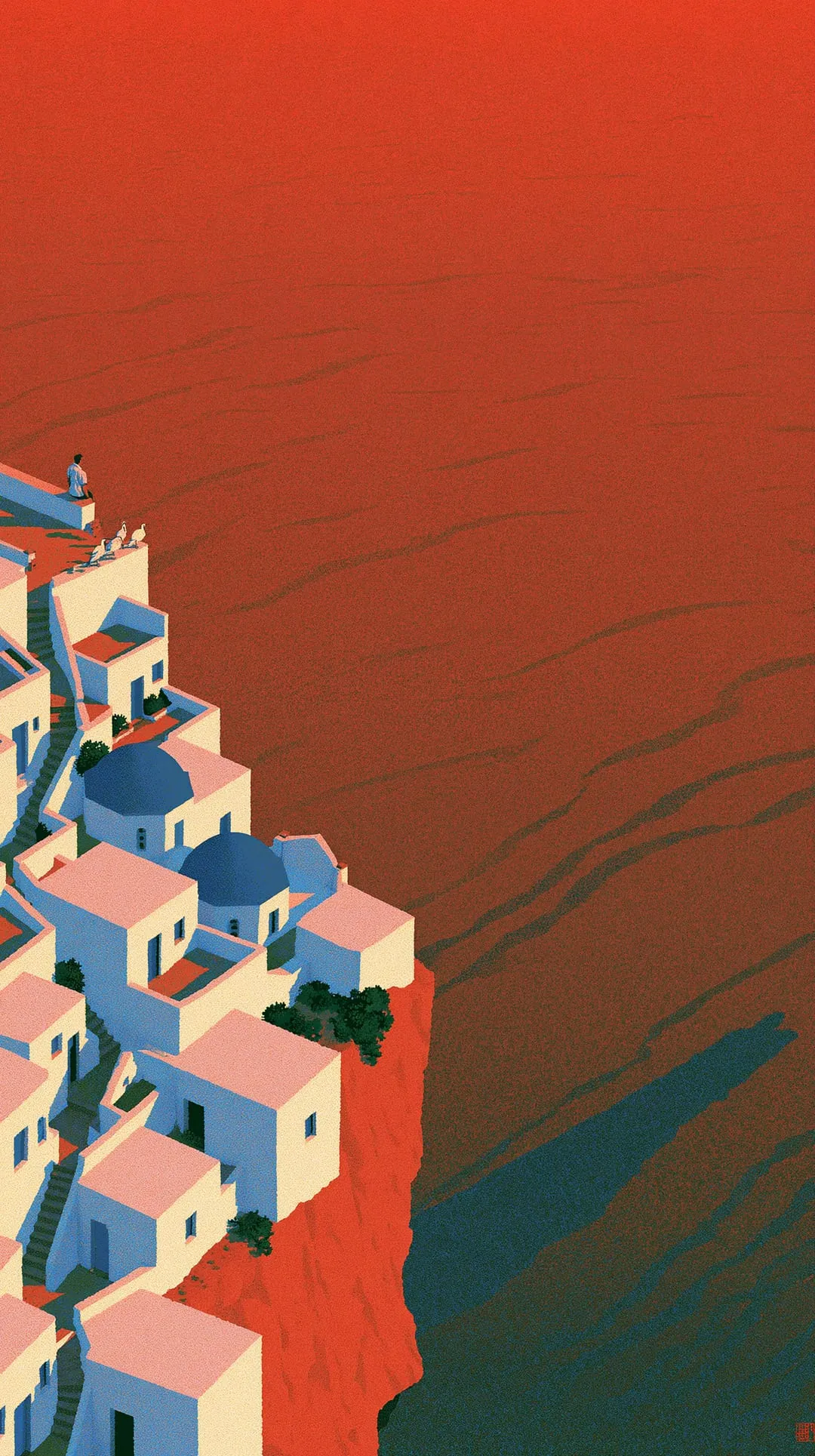 Moonkelp mood scene: a cliff village above a red evening sea